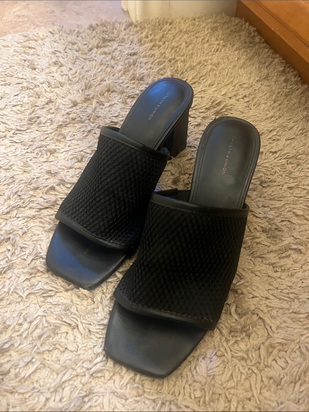 14th & Union Black Textured Slide Block Heel Mules